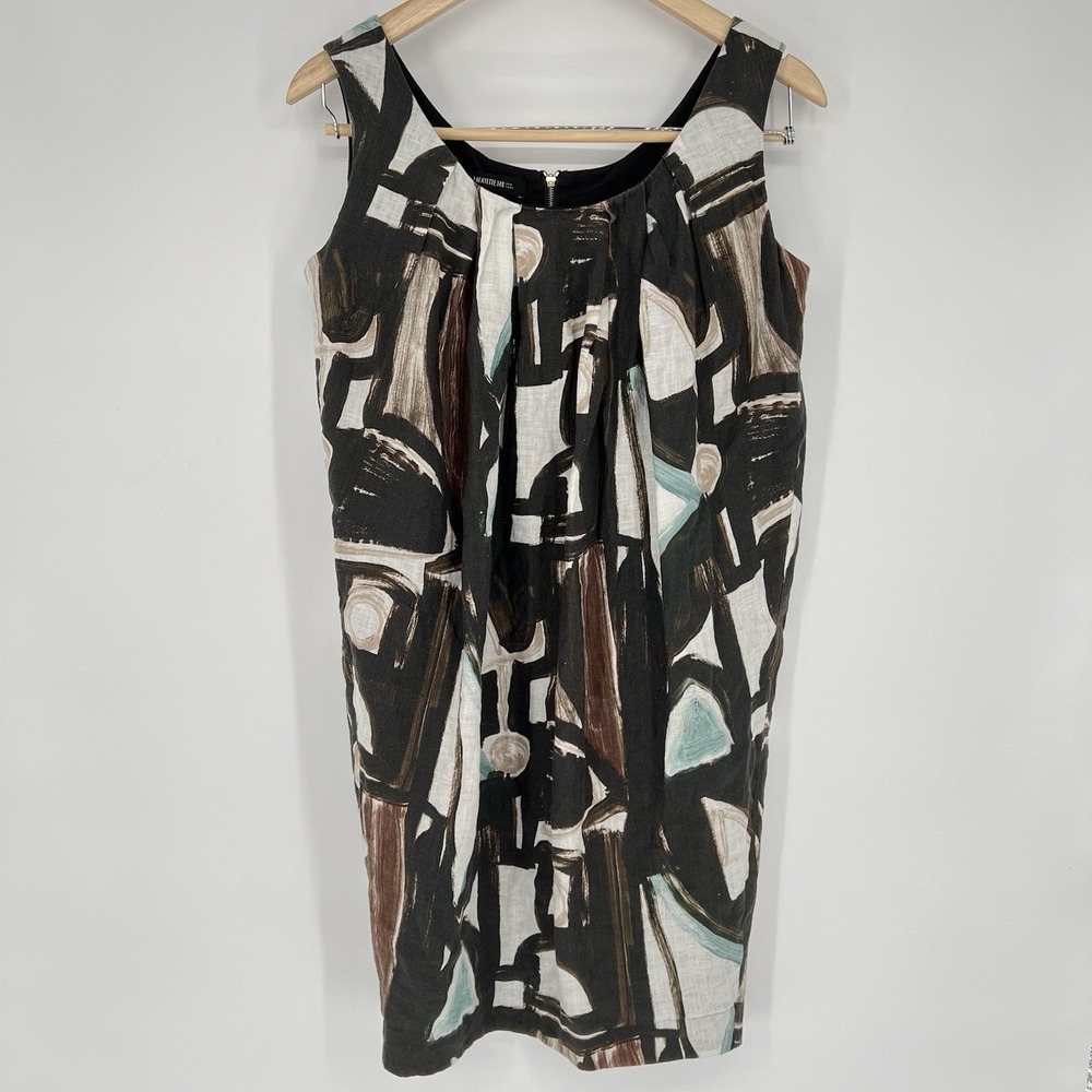 Lafayette 148 New York Womens‎ Brown Print Linen Shift Dress Sz 4 - Picture 2 of 15
